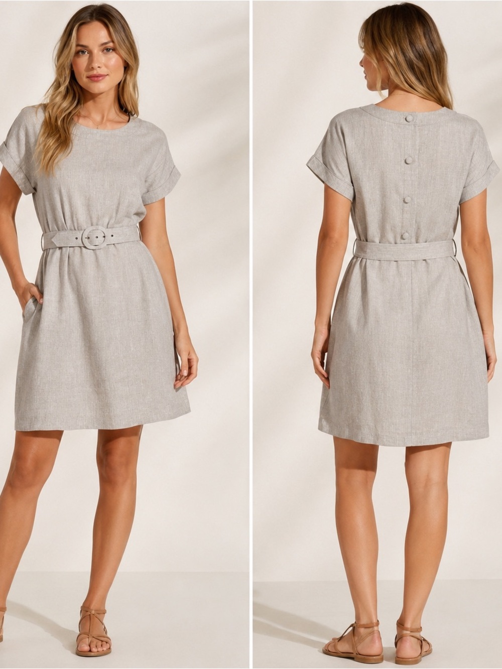 Talbots Light Gray Linen Belted Midi Dress-8-new old stock-MCM-USA made-casual